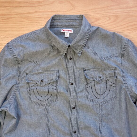 True Religion Gray Western Style Button Up Shirt, Long Sleeve, Size XL - Picture 2 of 8